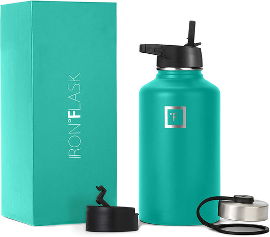 Sports Water Bottle - 64Oz, 3 Lids (Straw Lid), Leak Proof - Stainless Steel Gym & Sport Bottles for Men, Women & Kids - Double Walled, Insulated Thermos, Metal Canteen