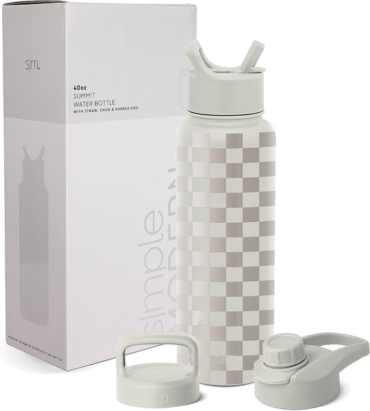Water Bottle with Straw, Handle, and Chug Lid Vacuum Insulated Stainless Steel Metal Thermos Bottles | Large Leak Proof Bpa-Free Flask for Gym | Summit Collection | 40Oz, Checkmate
