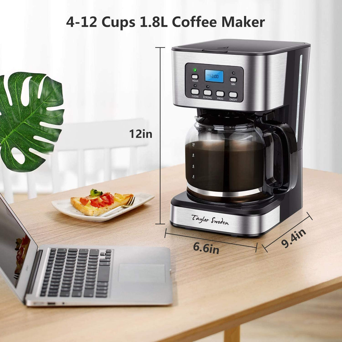 Programmable Coffee Maker, 4-12 Cups Drip Coffee Machine with Glass Carafe, Regular & Strong Brew, Pause & Serve for Home and Office
