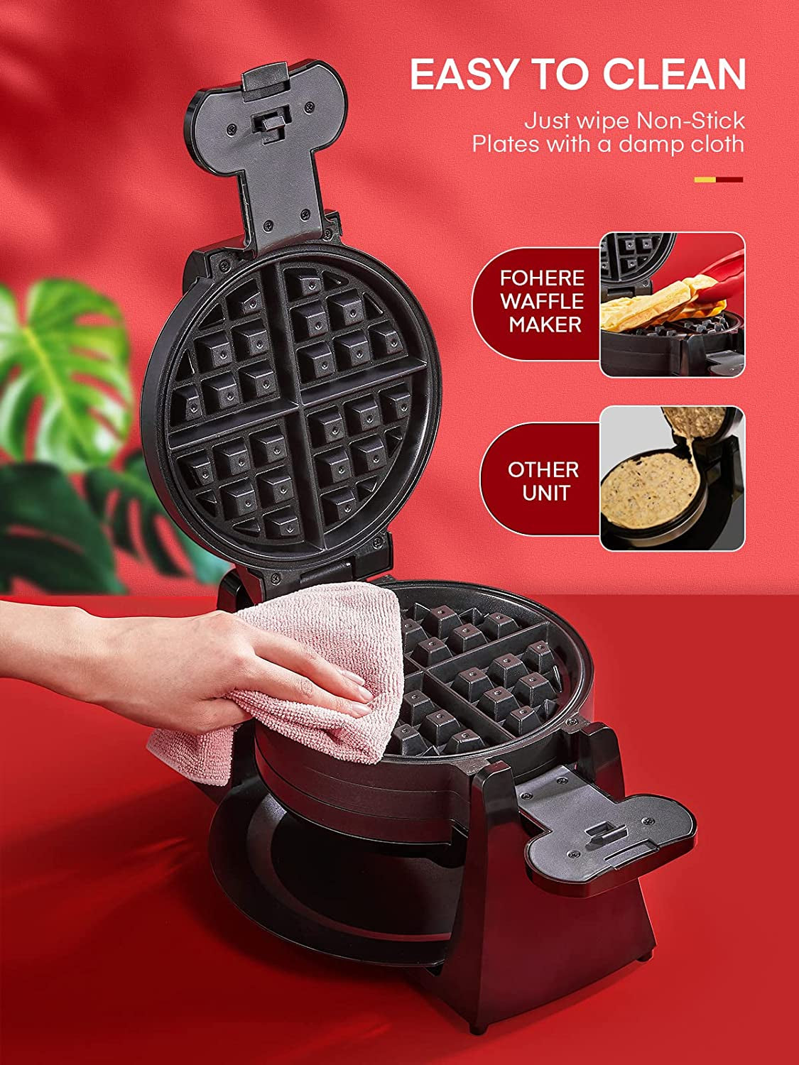 Waffle Maker, Belgian Waffle Maker Iron 180° Flip Double Waffle, 8 Slices, Rotating & Nonstick Plates, Removable Drip Tray, Cool Touch Handle, Black, 1400W