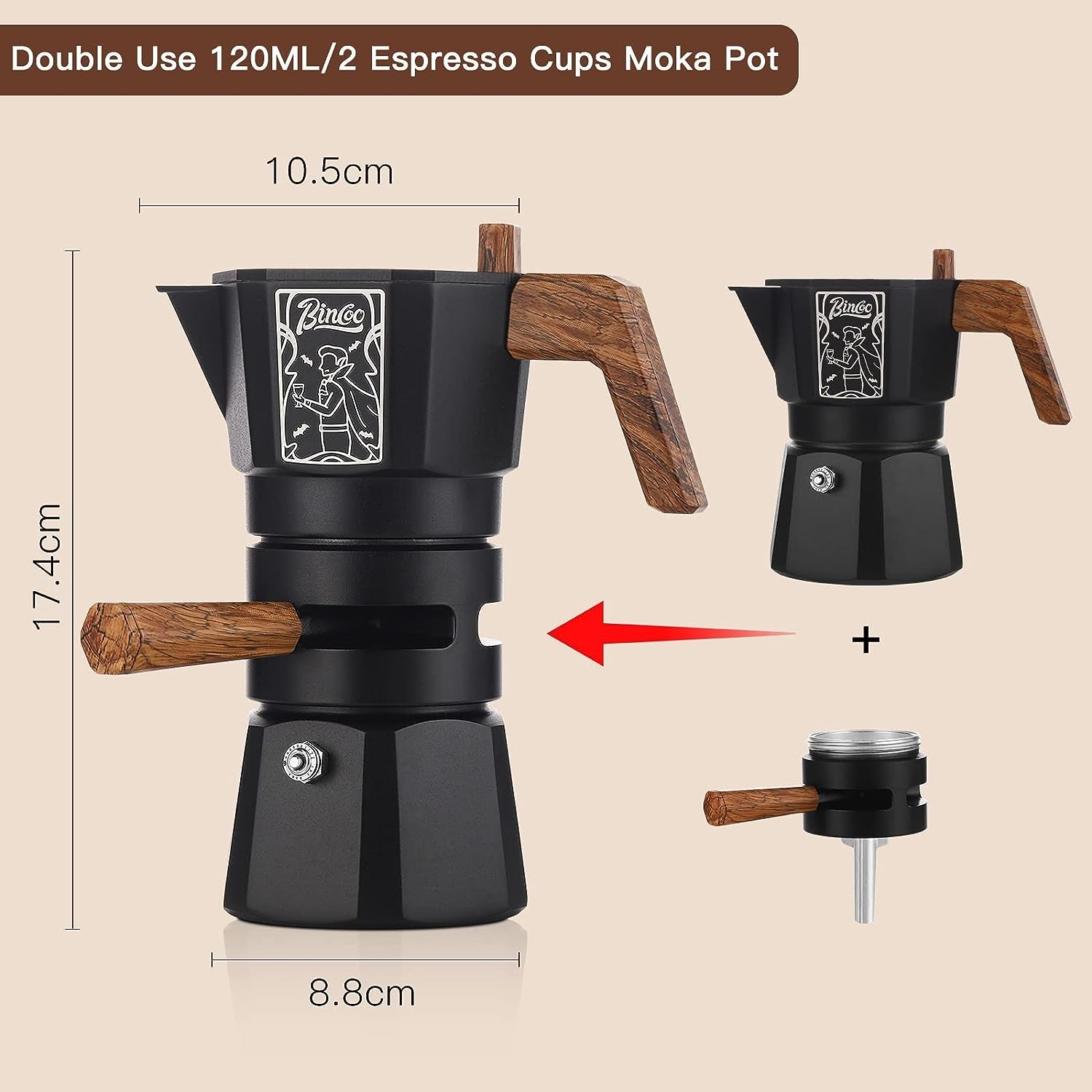 120ML/2 Cup Stovetop Espresso Maker Double Valve Moka Pot with Thermostat Extractor Prevent Over-Extraction,Italian Espresso Moka Pot with Powder Dispenser and Filter Paper for Home(Black)