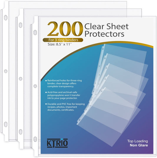 Sheet Protector 8.5 X 11 Inch Non-Glare Clear Page Protectors, Plastic Sleeves for Binders, Paper Protector for 3 Ring Binder Letter Size Top Loading, 200 Pack