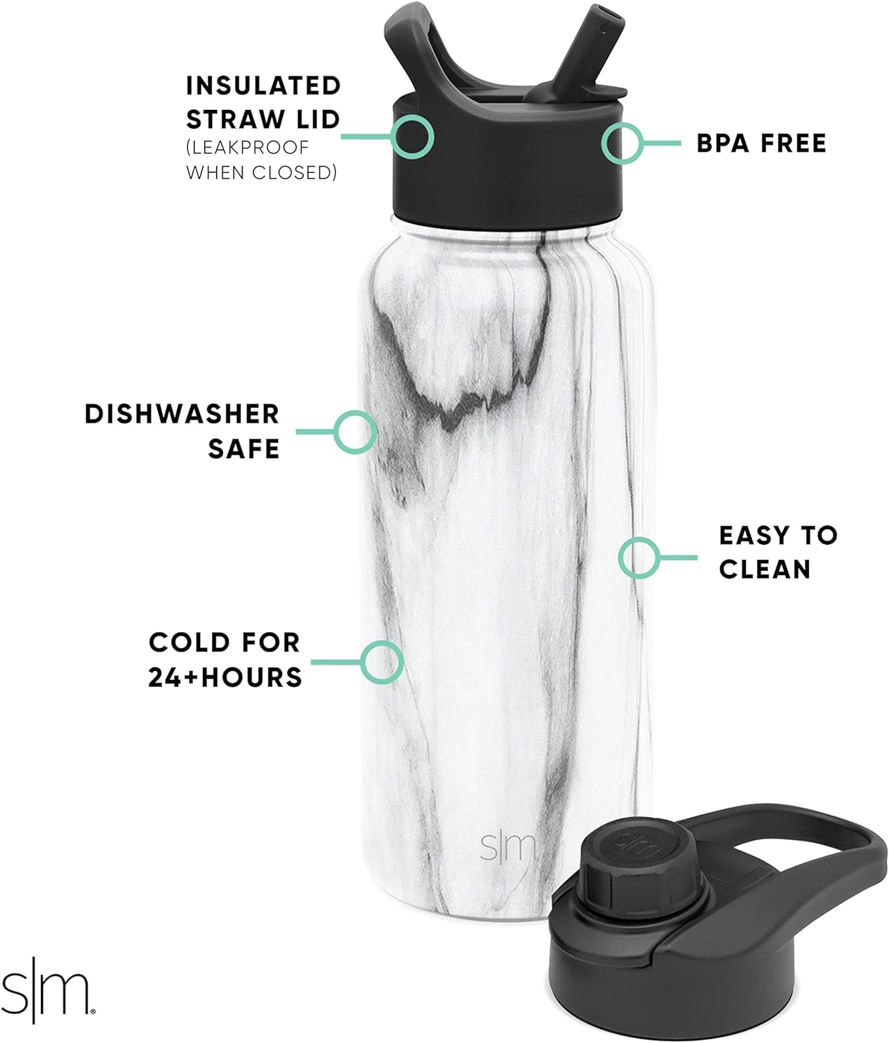 Water Bottle with Straw and Chug Lid Vacuum Insulated Stainless Steel Metal Thermos Bottles | Reusable Leak Proof Bpa-Free Flask for Gym Sports | Summit Collection | 32Oz, Carrara Marble