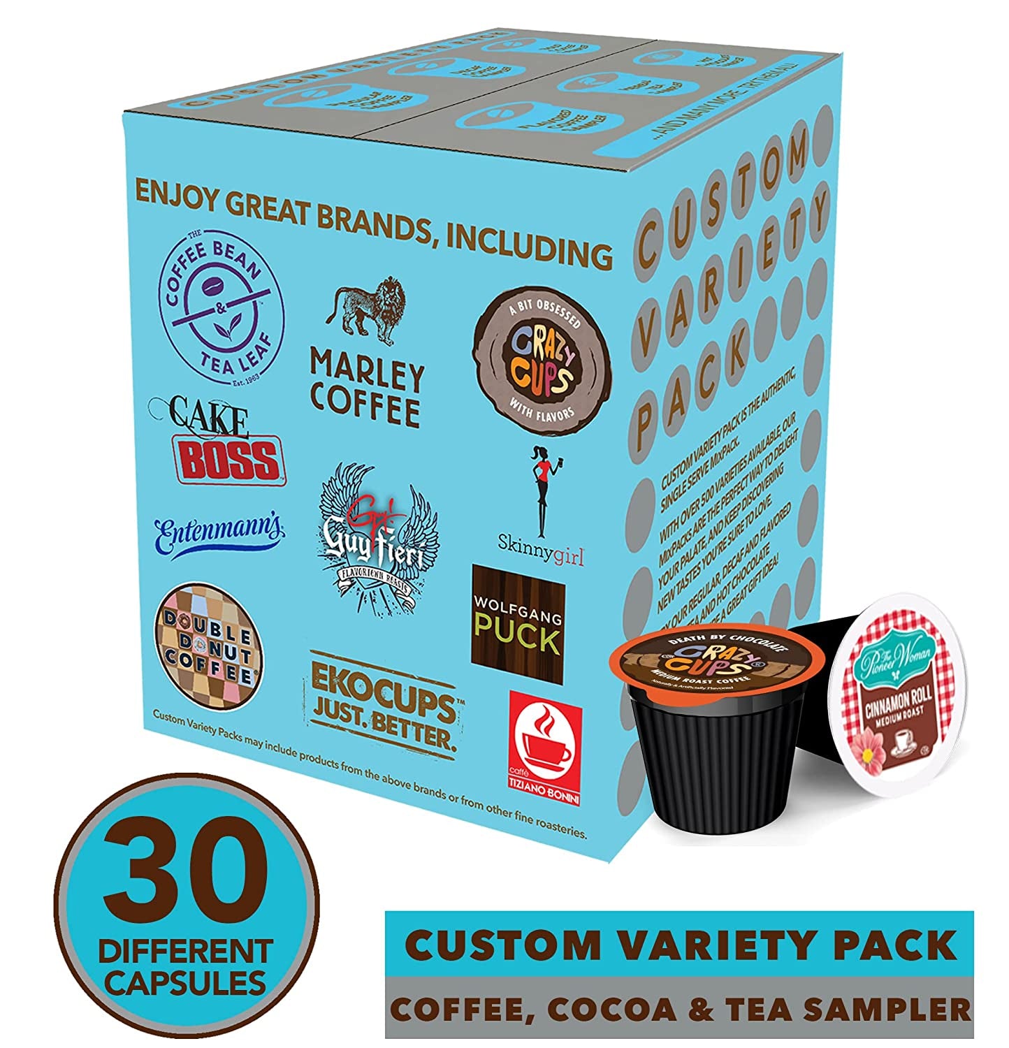 Variety Pack of Coffee, Tea, Hot Chocolate and Cappuccino, Sampler of Single Serve Coffee, Tea, Hot Cocoa and Cappuccino Pods for Keurig K Cups Machines, 30 Pack - No Duplicates