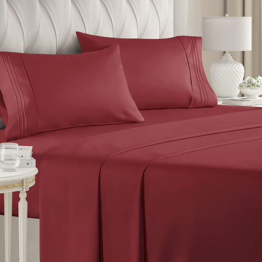 Queen Size 4 Piece Bedding Sheet Set - Breathable & Cooling Bed Sheets - Hotel Luxury Bed Sheets for Women & Men- Deep Pockets - Easy-Fit - Soft & Wrinkle Free - Home Decor - Burgundy Oeko-Tex Set