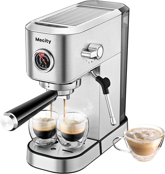 20 Bar Espresso Machine, Professional Cappuccino Maker with Milk Frother Steam Wand, Brushed Stainless Steel Coffee Machine 37 Oz Removable Water Reservoir, 1350W
