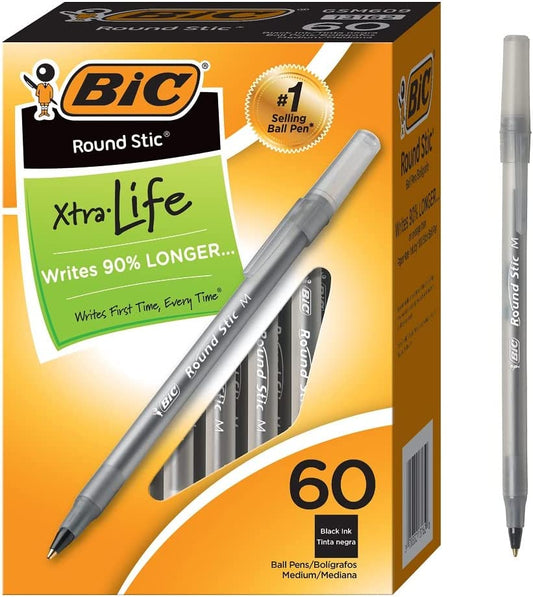 round Stic Xtra Life Ballpoint Pens, Medium Point (1.0Mm), Black, 60-Count Pack, Flexible round Barrel for Writing Comfort (GSM609-BLK)