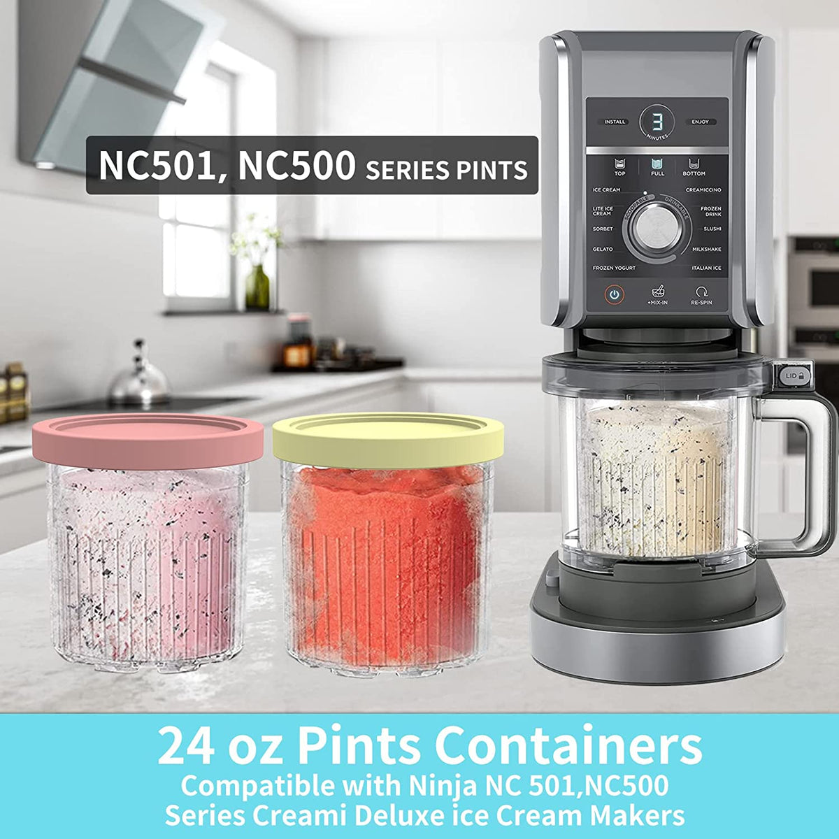 Replacement for Ninja Creami Pints and Lids - 4 Pack NC501, Compatible with Ninja NC501 NC500 Series Creami Deluxe Ice Cream Makers, Creami Pint Containers with Leak Proof Lids, Dishwasher Safe