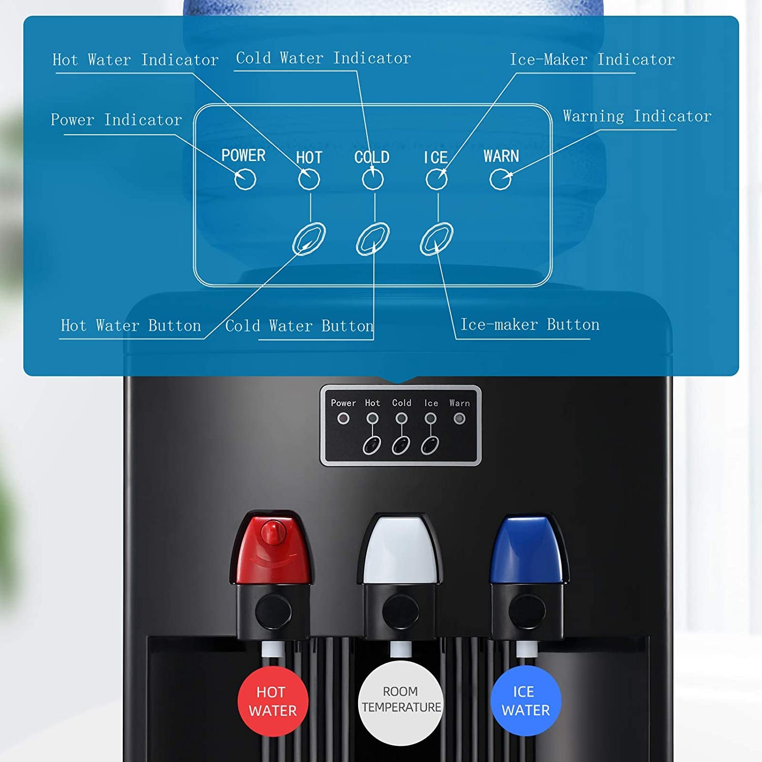 2-In-1 Water Cooler Dispenser with Built-In Ice Maker, Freestanding Hot Cold Top Loading Water Dispenser, 2, 3 or 5 Gallon Bottle with Child Safety Lock (Black)