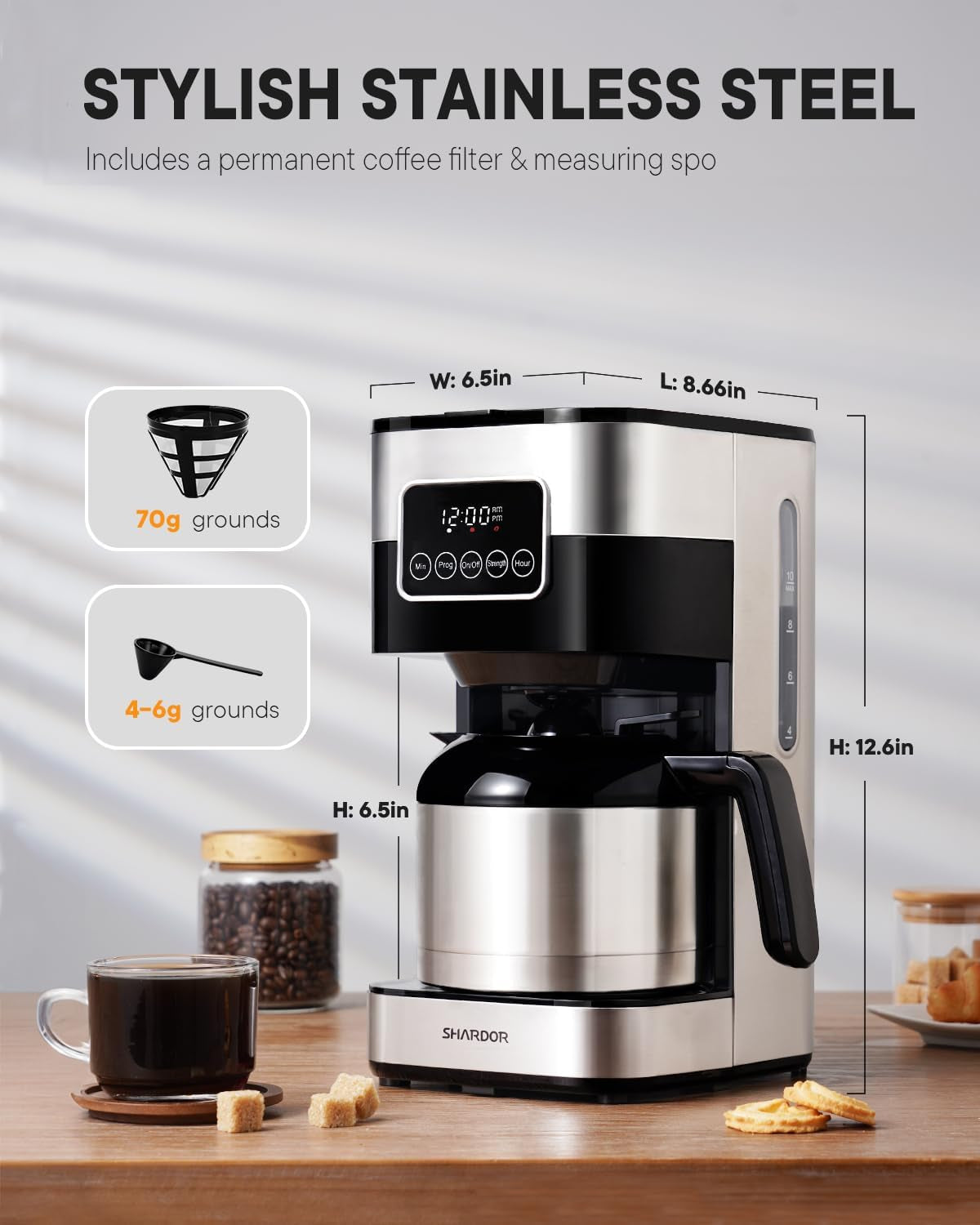 Programmable Coffee Maker with 10-Cup Thermal Carafe, Touch-Screen Drip Coffee Machine with Timer, Regular & Strong Brew, Pause & Serve, Auto Shut Off, Black & Stainless Steel