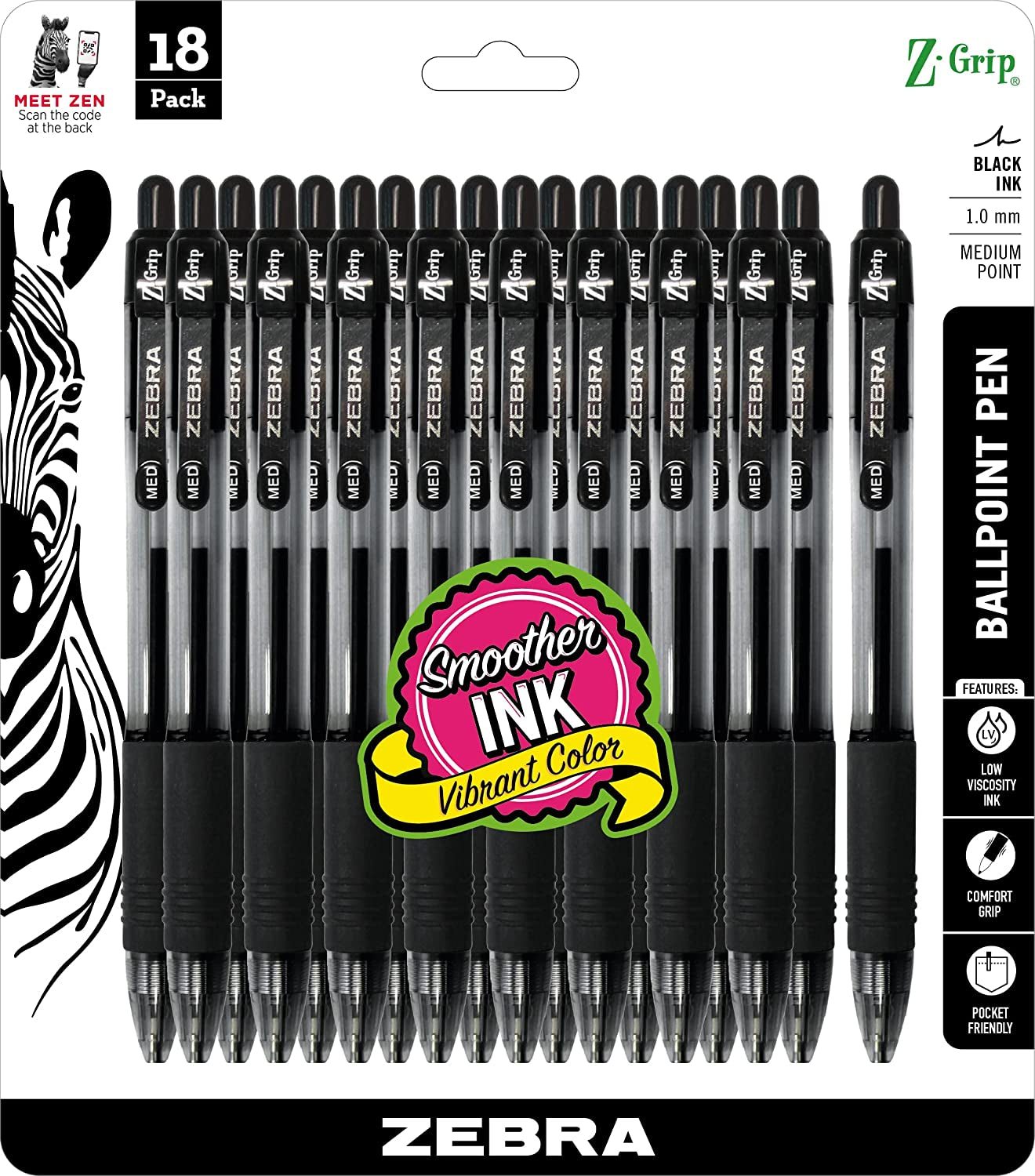 Z-Grip Retractable Ballpoint Pen, Medium Point, 1.0Mm, Black Ink, - 18 Count (Pack of 1), Model Number: 22218