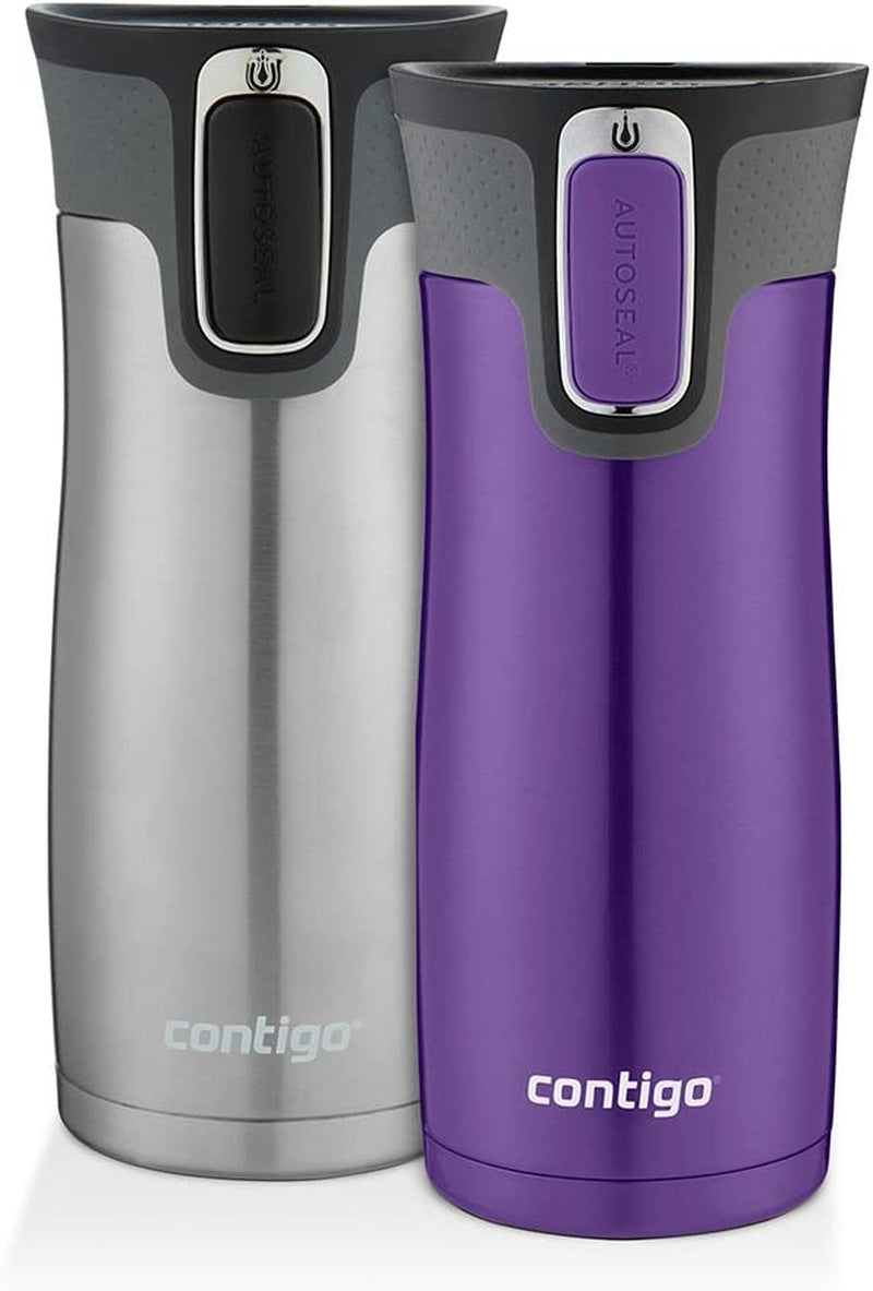 West Loop Stainless Steel Vacuum-Insulated Travel Mug with Spill-Proof Lid, Keeps Drinks Hot up to 5 Hours and Cold up to 12 Hours, 16Oz 2-Pack, Grapevine & Steel