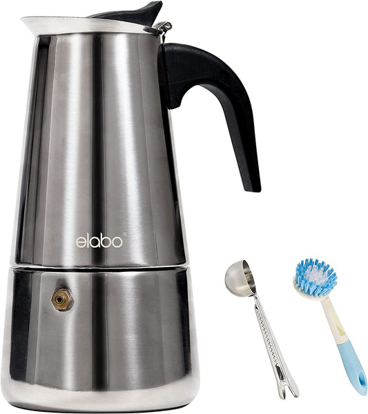 Stovetop Espreeso Machine and Moka Pot for Gas or Electric Ceramic Stovetop, Italian Espresso Coffee Shot Maker for Italian Espresso, Cappuccino and Latte, Stainless Steel 304, 6 Cups