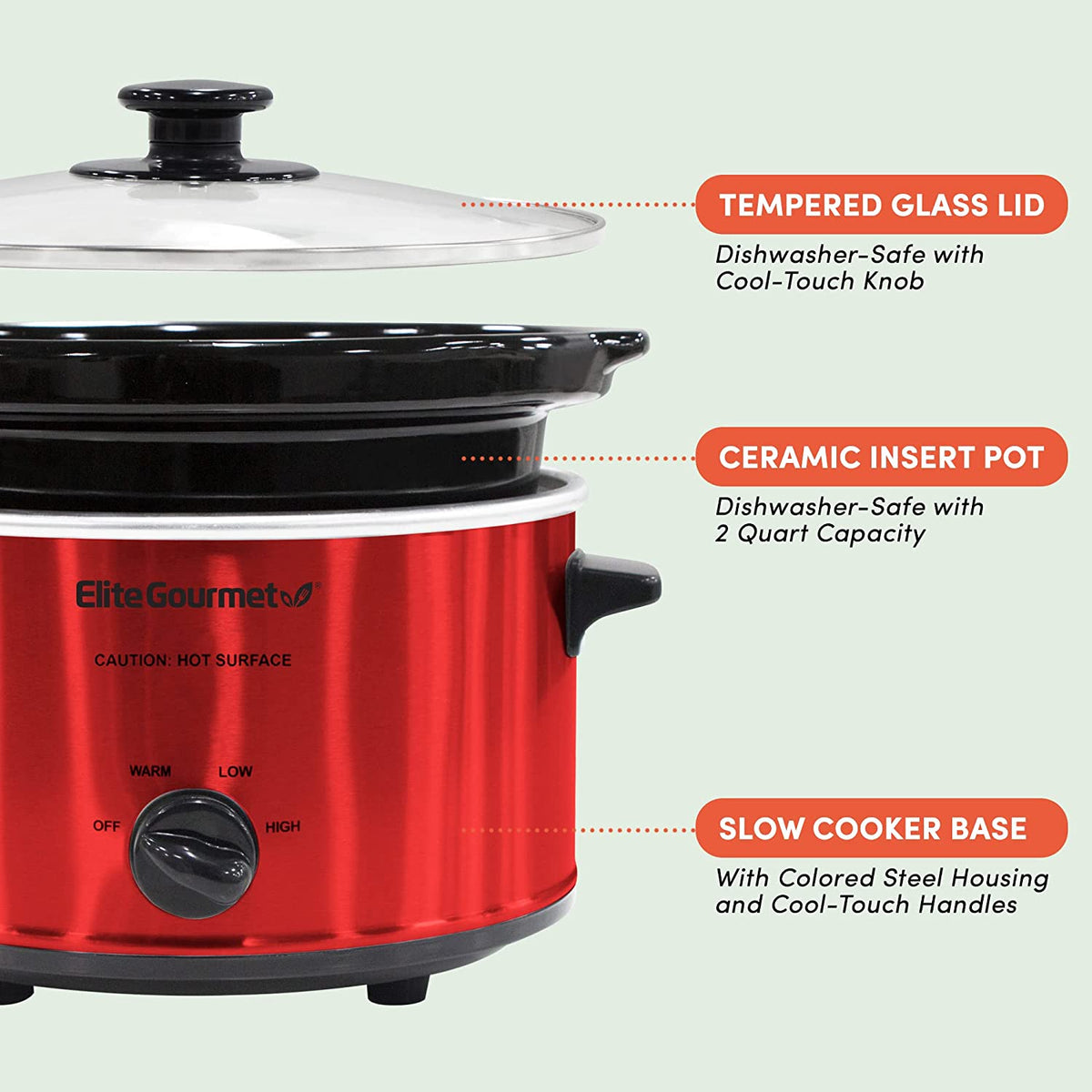 Elite Gourmet MST-275XR Electric Oval Slow Cooker, Adjustable Temp, Entrees, Sauces, Stews & Dips, Dishwasher Safe Glass Lid & Crock (2 Quart, Metallic Red)