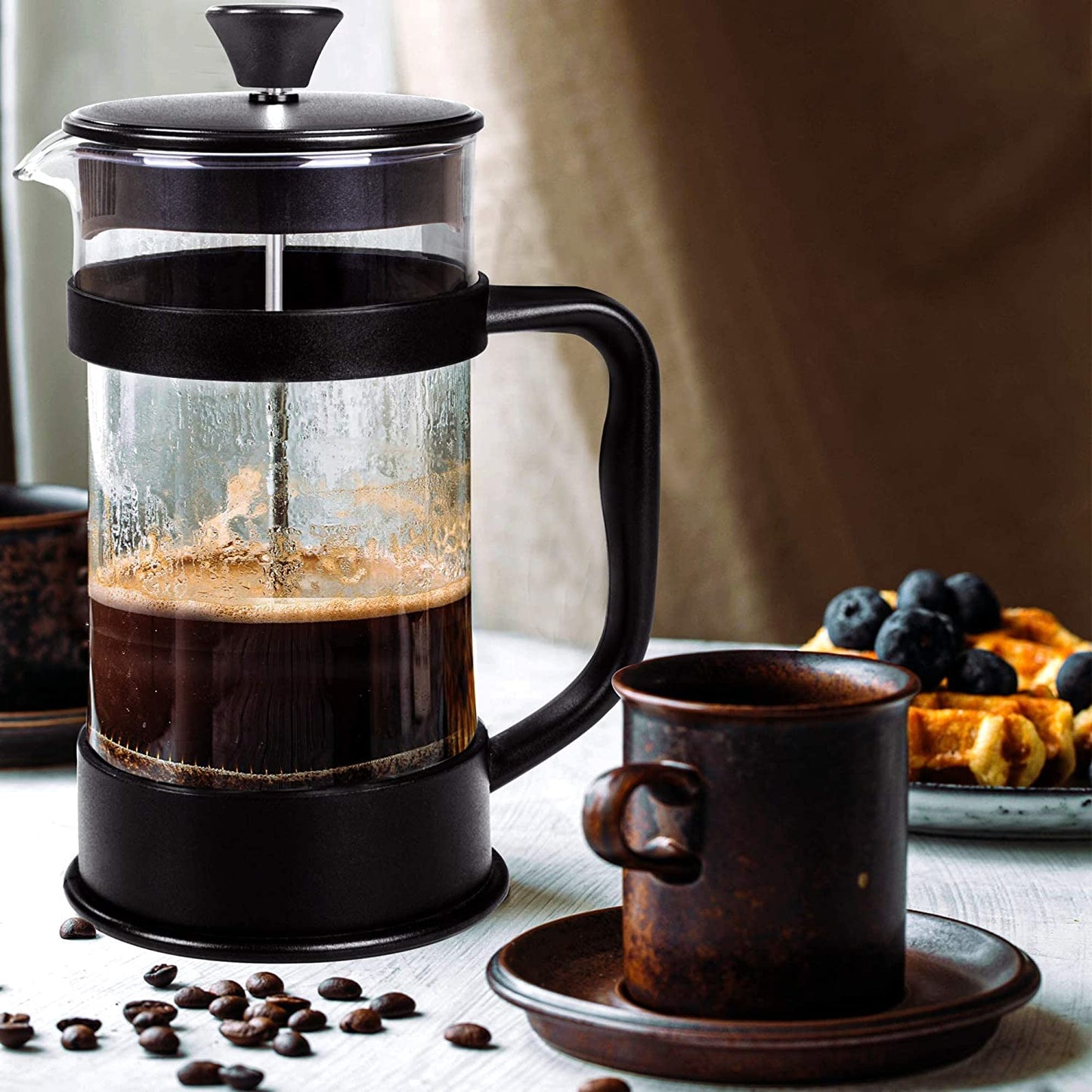 - French Press Coffee Maker, Espresso Tea and Coffee Maker with Triple Filters 34 Ounce, Stainless Steel Plunger and Heat Resistant Borosilicate Glass - Black