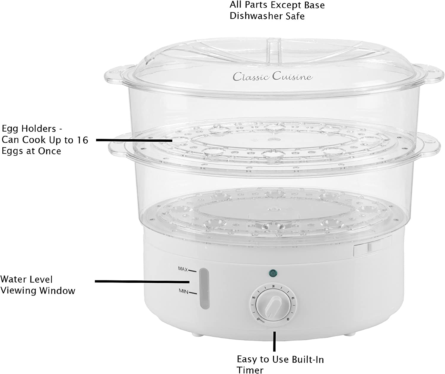 Vegetable Steamer Rice Cooker- 6.3 Quart Electric Steam Appliance with Timer for Healthy Fish, Eggs, Vegetables, Rice, Baby Food by Classic Cuisine, 11"D X 11"W X 12.25"H