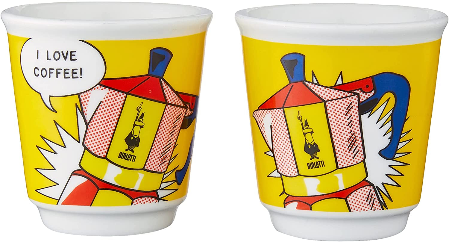 - Mini Express Lichtenstein: Moka Set Includes Coffee Maker 2-Cup (2.8 Oz) + 2 Shot Glasses, Yellow, Aluminium