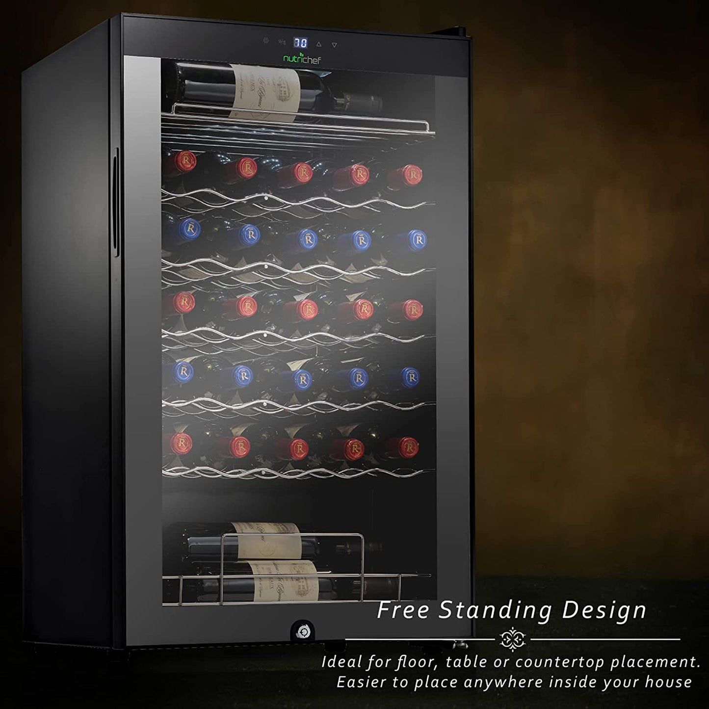 34 Bottle Compressor Wine Cooler Refrigerator Cooling System | Large Freestanding Wine Cellar Fridge for Red and White Champagne or Sparkling, Black Glass Door