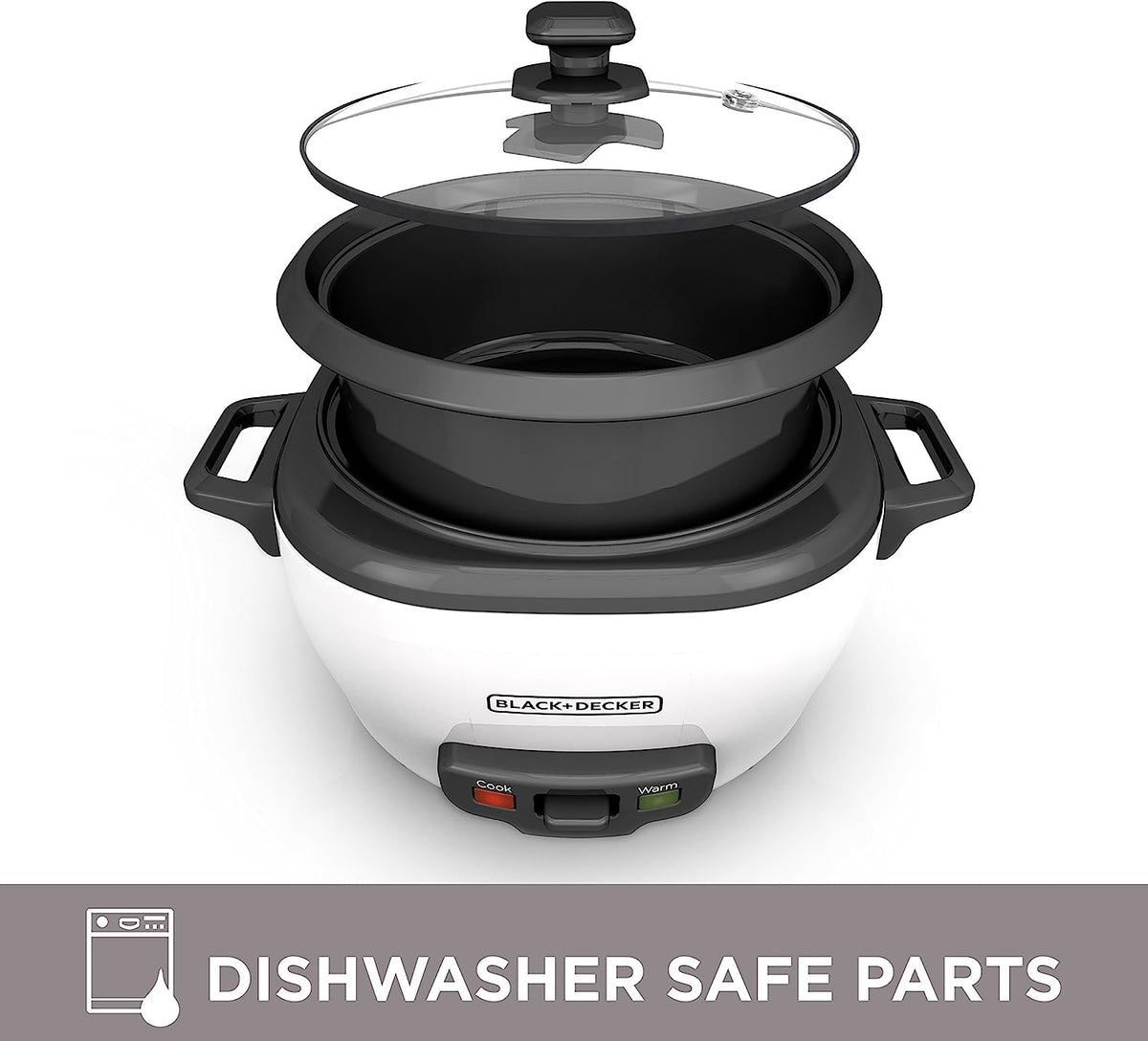 BLACK+DECKER Rice Cooker 3 Cups Cooked (1.5 Cups Uncooked) with Steaming Basket, Removable Non-Stick Bowl, White