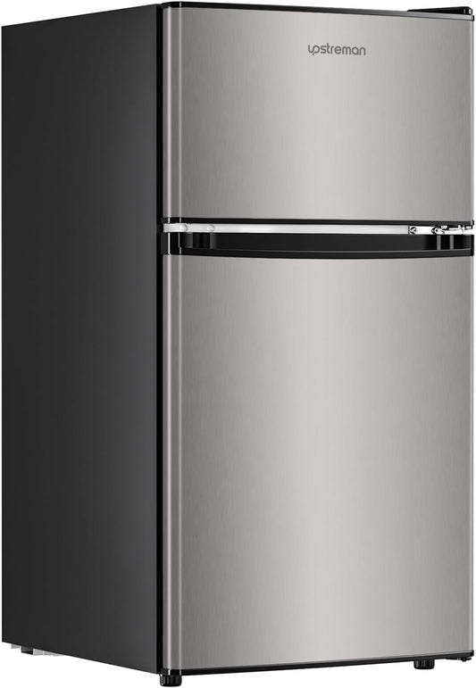3.2 Cu.Ft Mini Fridge with Freezer, Stainless Steel 2 Door, Adjustable Thermostat, Low Noise, Energy-Efficient, Compact Refrigerator for Dorm, Office, Bedroom
