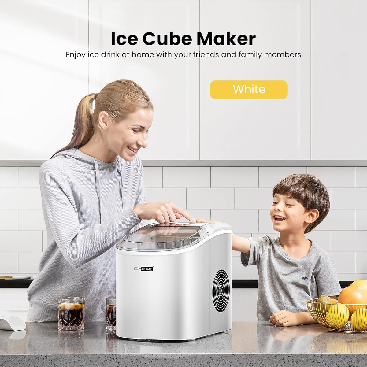 Electric Portable Compact Countertop Automatic Ice Cube Maker Machine with Hand Scoop 10 Ice Bags and Self Cleaning Function 27Lbs/Day White