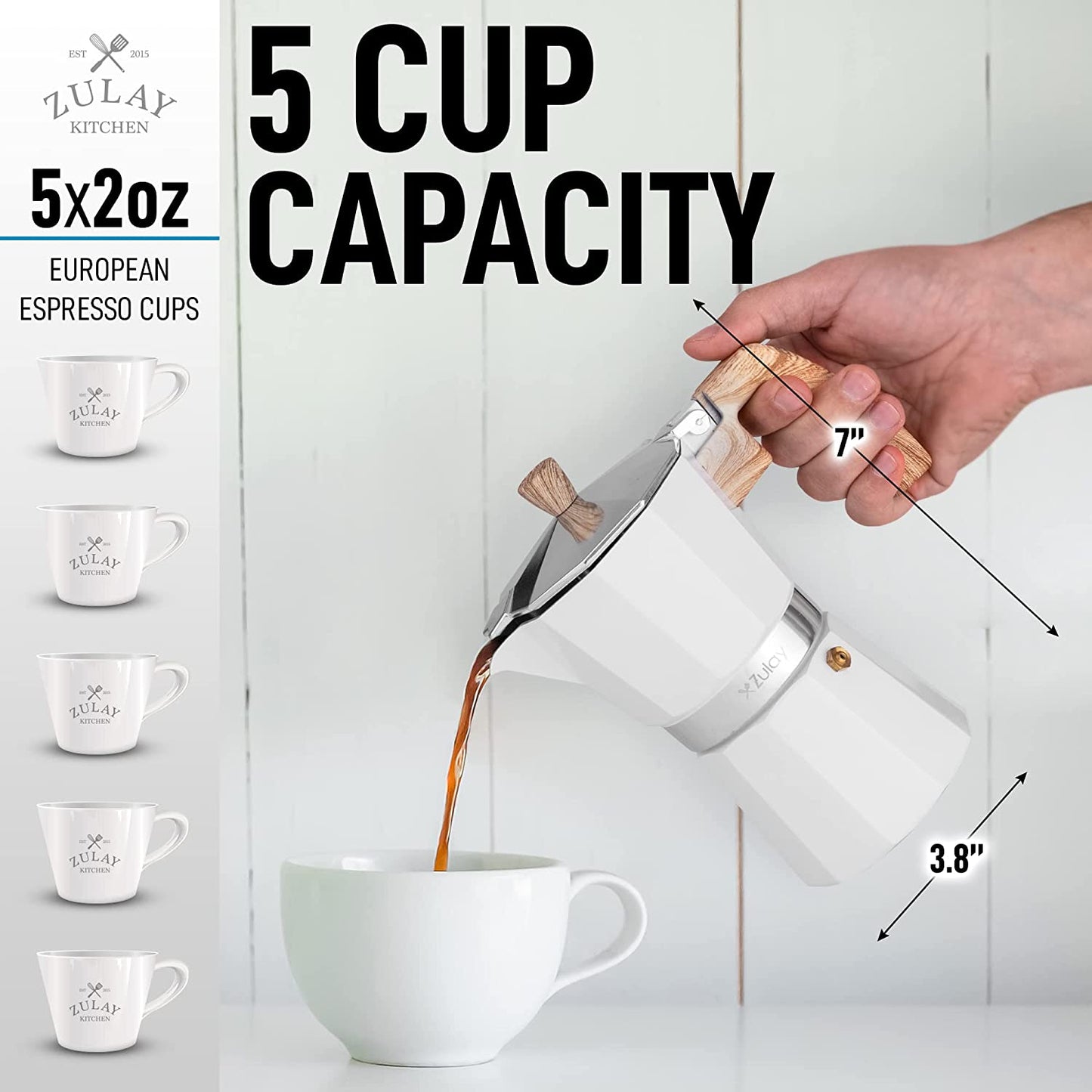 Zulay Classic Italian Style 5.5 Espresso Cup Moka Pot, Stovetop Maker for Great Flavored Strong Espresso, Makes Delicious Coffee, Easy to Operate & Quick Cleanup Pot (White)