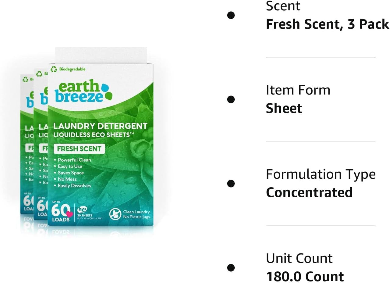 - Liquid-Less Laundry Detergent Sheets - Fresh Scent - No Plastic Jug (180 Loads) 90 Sheets (Pack of 3)