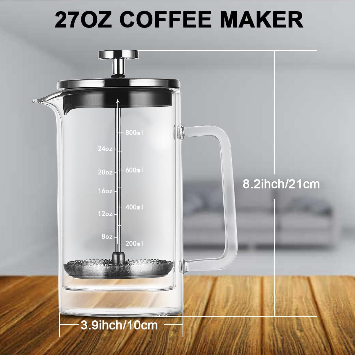 French Press Coffee Maker, Coffee Presses Glass Double Wall Insulated Hot Cold Brew Coffee Tea Maker, 6 Cup Espresso Pot with 3 Filters, 27Oz/800Ml