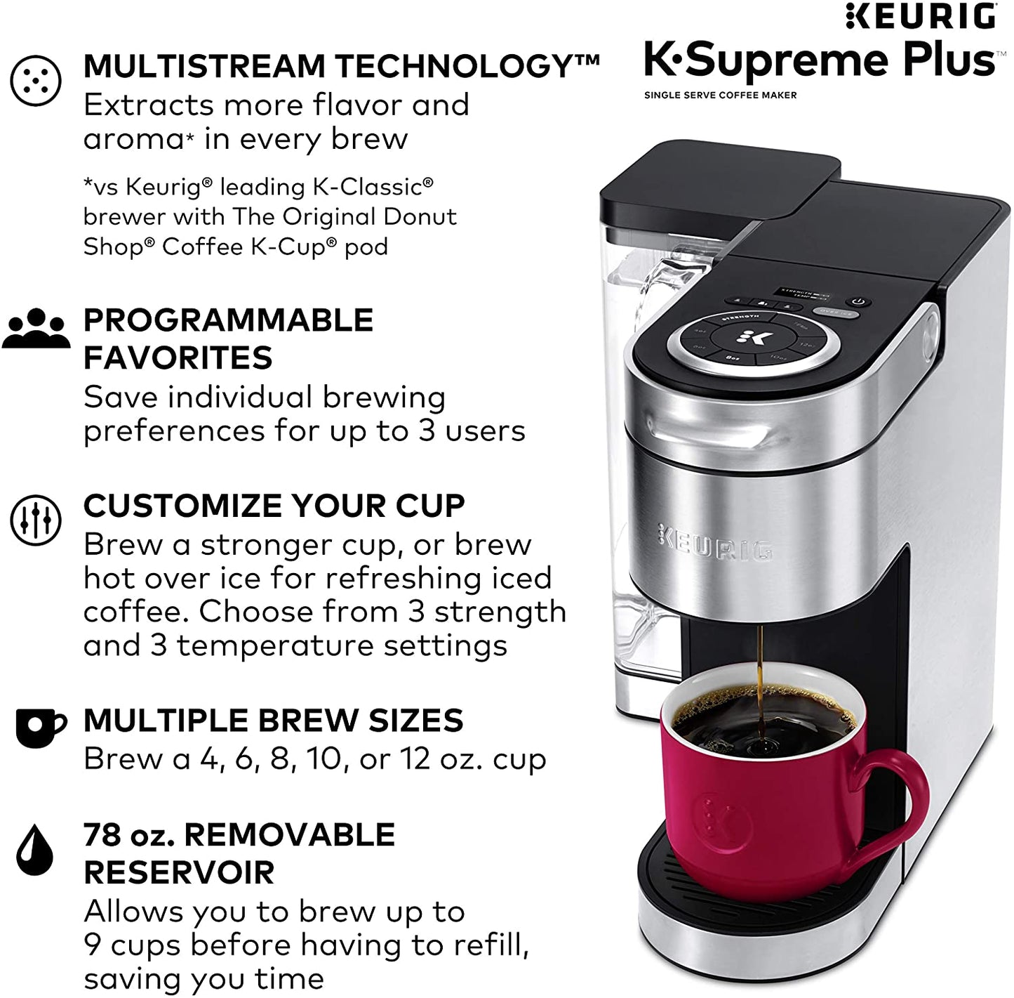 ® K-Supreme plus Single Serve K-Cup Pod Coffee Maker, Multistream Technology, Stainless Steel