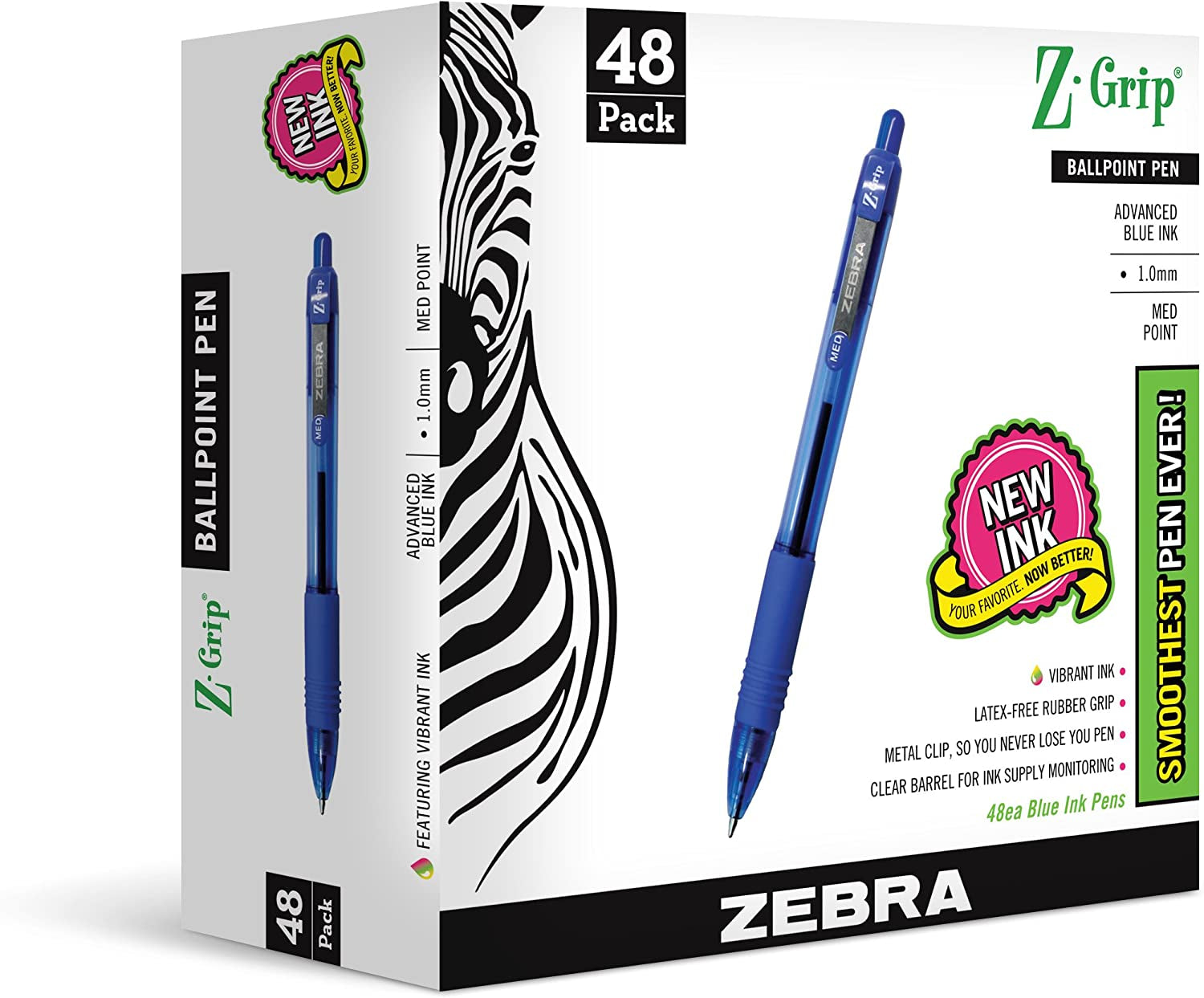 Z-Grip Retractable Ballpoint Pen, Medium Point, 1.0Mm, Blue Ink, 48-Count