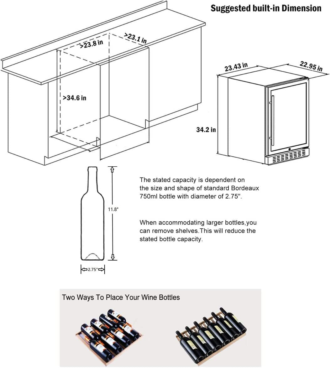 【Upgraded】 24 Inch Dual Zone Wine Cooler 46 Bottle Freestanding and Built in Wine Refrigerator with Advanced Cooling System, Quiet Operation, Blue Interior Light | Easily Store Larger Bottles