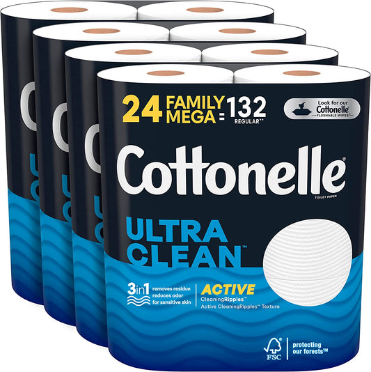 Ultra Clean Toilet Paper with Active Cleaningripples Texture, Strong Bath Tissue, 24 Family Mega Rolls (24 Family Mega Rolls = 132 Regular Rolls) (4 Packs of 6), 388 Sheets per Roll
