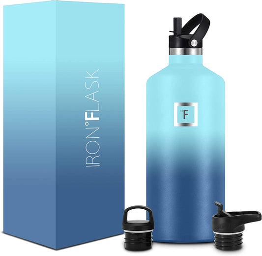 Sports Water Bottle - 64 Oz - 3 Lids (Narrow Straw Lid) Leak Proof Vacuum Insulated Stainless Steel - Hot & Cold Double Walled Insulated Thermos, Durable Metal Canteen