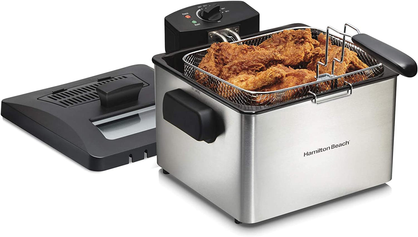 35042 Professional Style Electric Deep Fryer, XL Frying Basket, Lid with View Window, 1800 Watts, 21 Cups / 5 Liters Oil Capacity, Stainless Steel