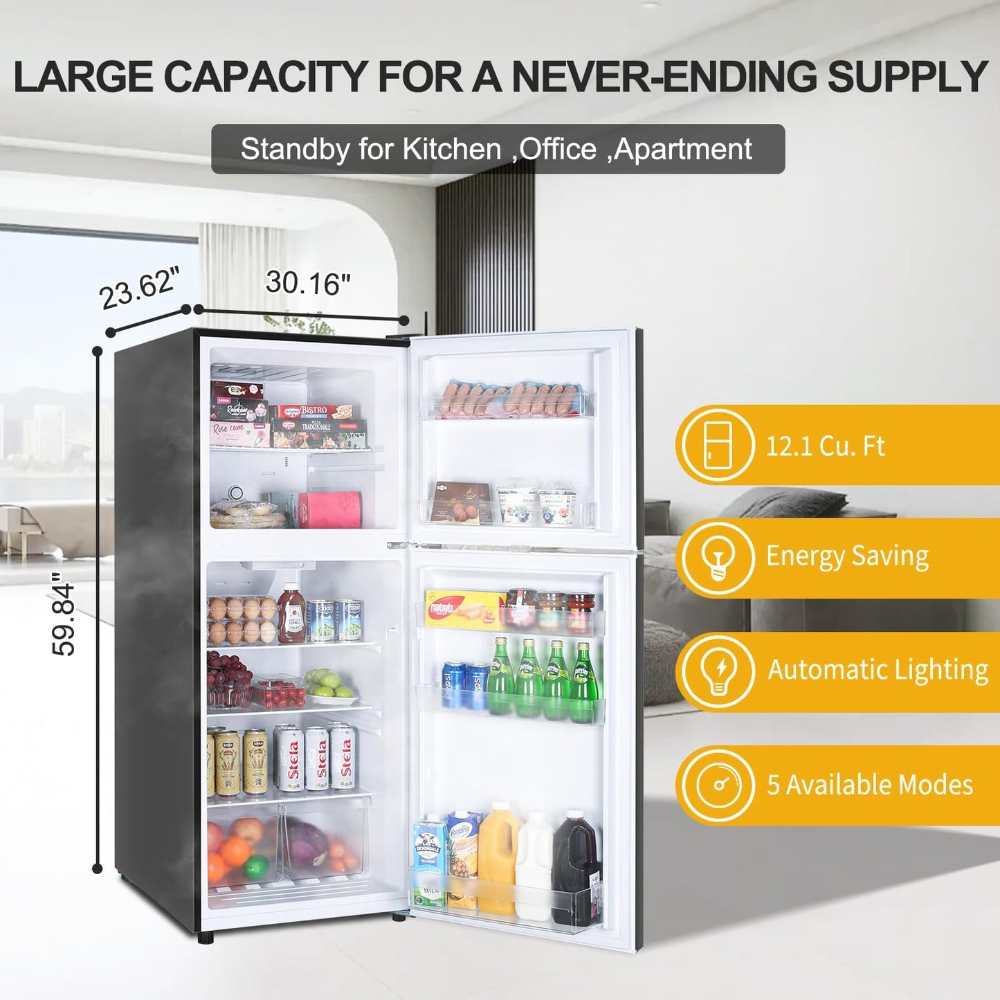 12.1 CU' Refrigerator with Freezer, Apartment Size Refrigerator Top Freezer, 2 Door Fridge with Adjustable Thermostat Control, Freestanding, Door Swing, Black (FR 1202 BK)