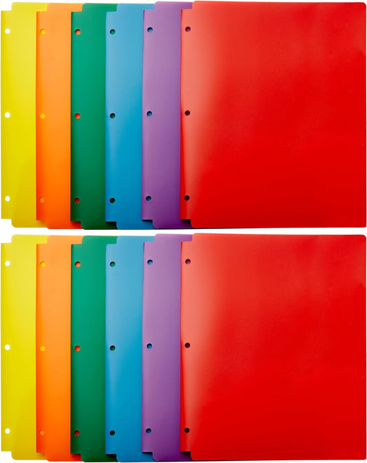 Plastic 3 Hole Punch Folders with 2 Pockets, Assorted Color, Pack of 12