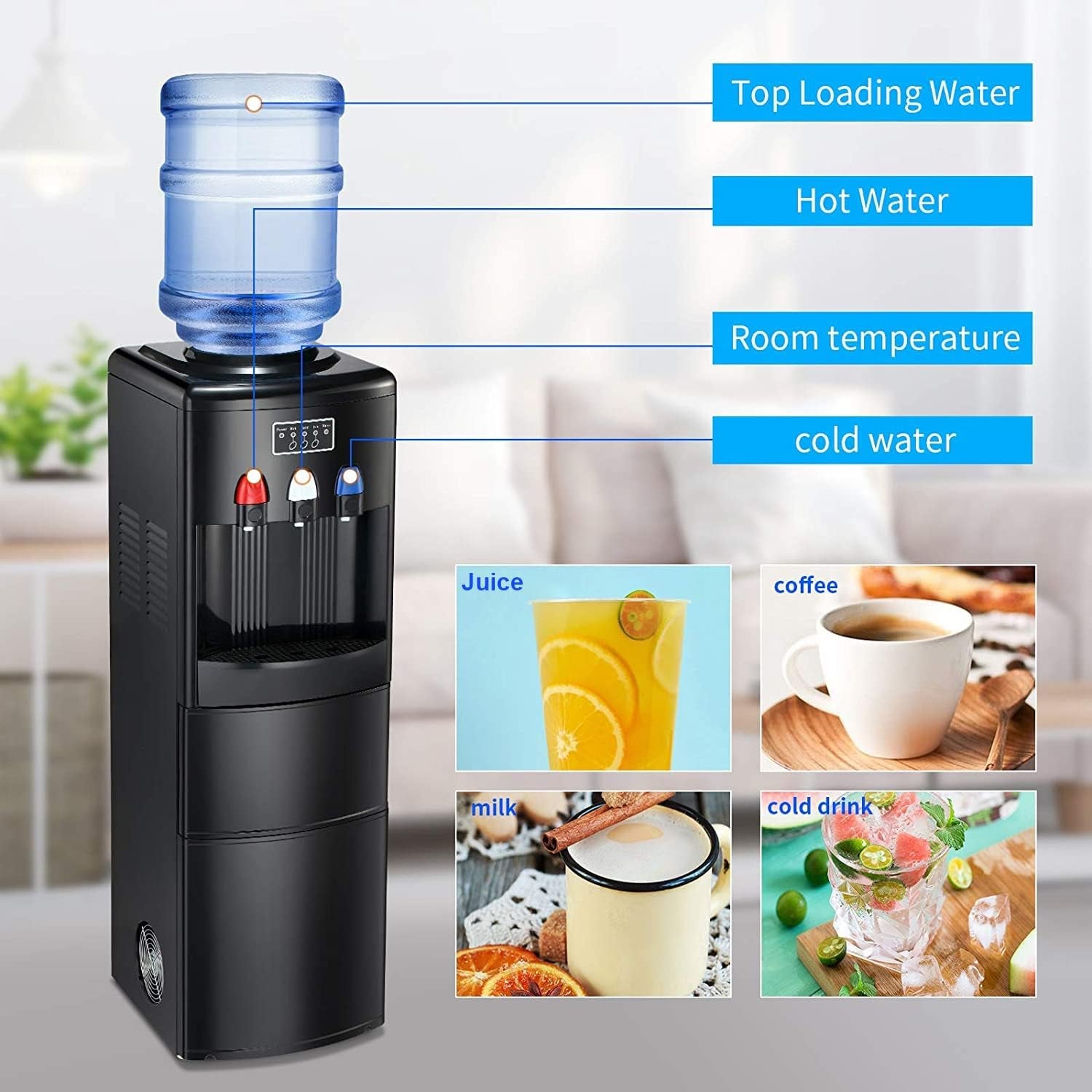 2-In-1 Water Cooler Dispenser with Built-In Ice Maker, Freestanding Hot Cold Top Loading Water Dispenser, 2, 3 or 5 Gallon Bottle with Child Safety Lock (Black)