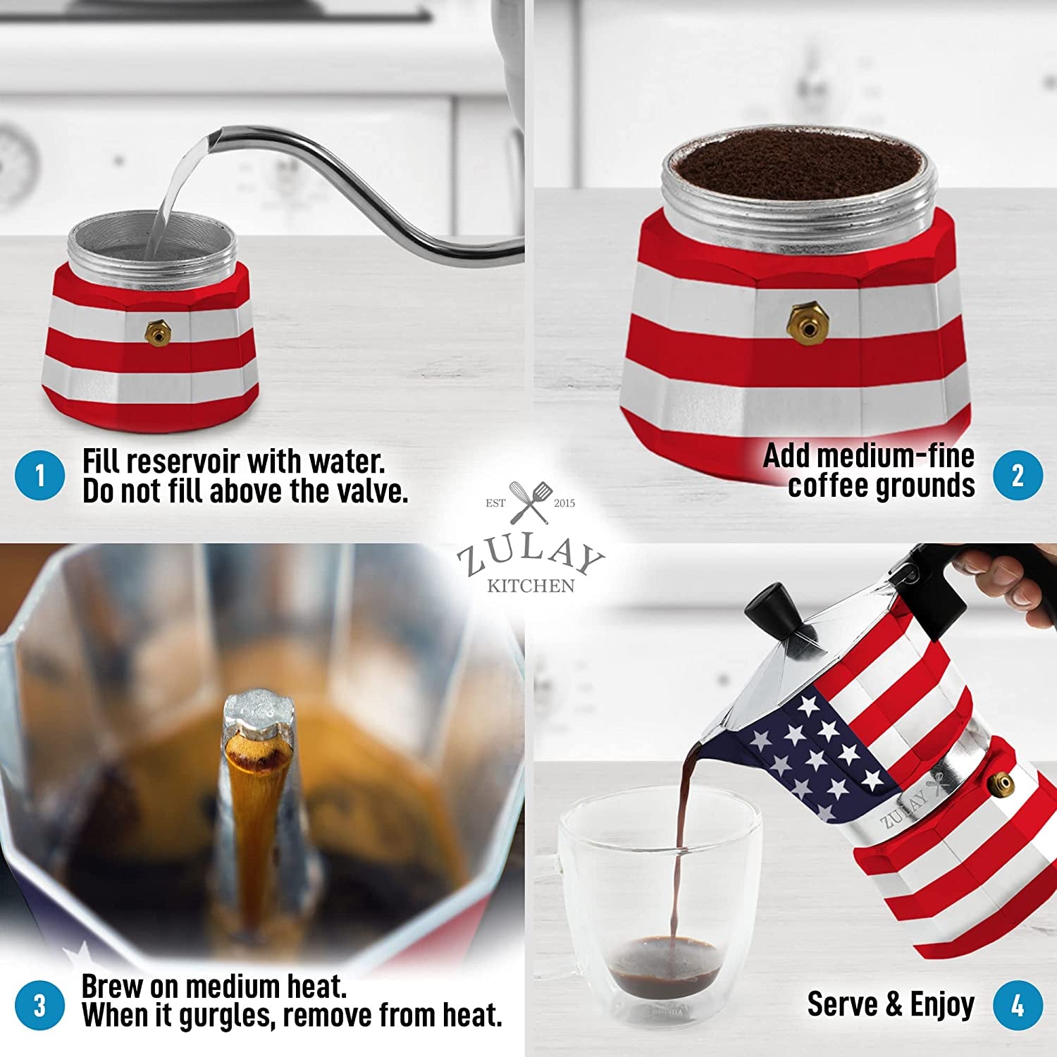 Zulay Classic Stovetop Espresso Maker for Great Flavored Strong Espresso, Classic Italian Style 3 Espresso Cup Moka Pot, Makes Delicious Coffee, Easy to Operate & Quick Cleanup Pot (American Flag)