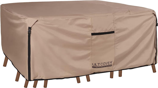 Rectangular Patio Heavy Duty Table Cover - 600D Tough Canvas Waterproof Outdoor Dining Table and Chairs General Purpose Furniture Cover Size 111L X 74W X 28H Inch