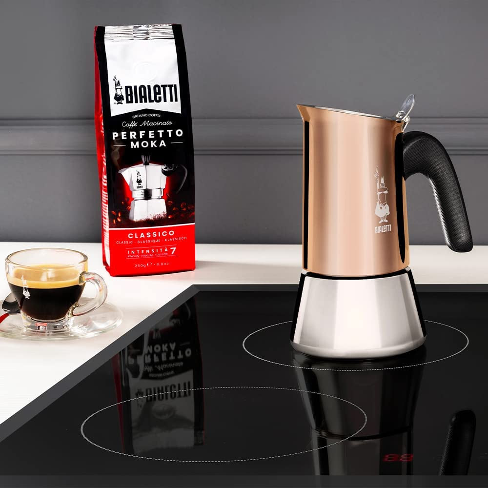 - New Venus Induction, Stainless Steel Stovetop Espresso Coffee Maker, Suitable for All Types of Hobs, 6 Cups (7.9 Oz), Copper