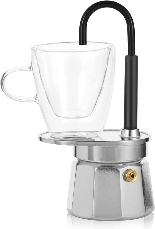 -Mini Express Swiss Single Tube Moka Pot Aluminum Sliver，Moka Set Includes One Double Wall 3Oz Cup,Enjoy Delicious Coffee in No Time