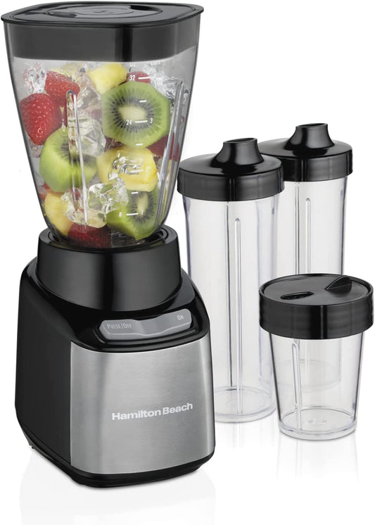 Stay or Go Blender with 32Oz Jar, 8Oz Grinder for Nuts & Spices, and 2 Portable Cups with Drinking Lids for Shakes and Smoothies, BPA Free, Black and Silver (52400)