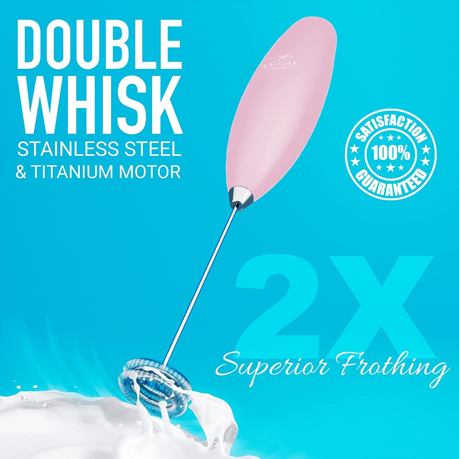 Zulay Double Whisk Milk Frother Handheld- High Powered for Coffee with Improved Motor - Electric Drink Mixer for Cappuccino, Frappe, Matcha & More, (Cotton Candy)