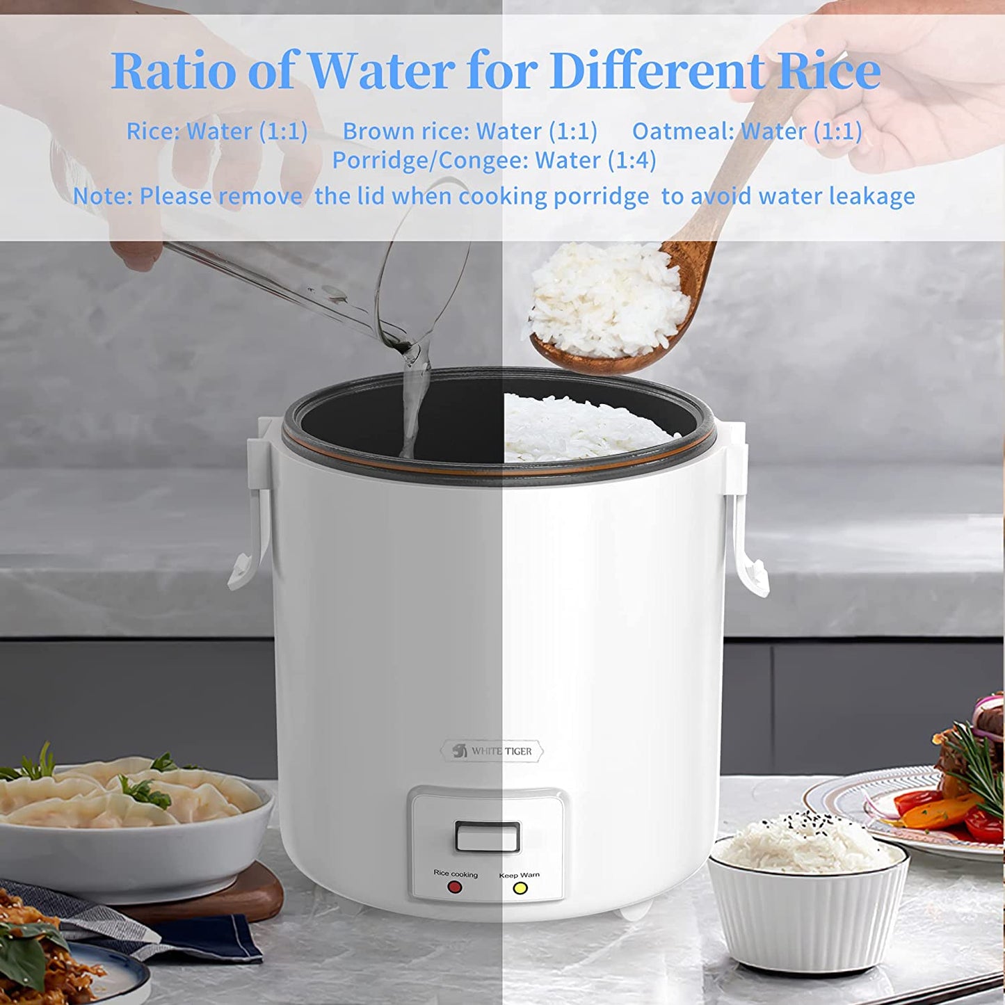 1.0L Mini Rice Cooker, 2 Cups Uncooked WHITE TIGER Portable Travel Steamer Small,15 Minutes Fast Cooking, Removable Non-Stick Pot, Keep Warm, Suitable for 1-2 People - for Cooking Soup, Rice, Stews & Oatmeal