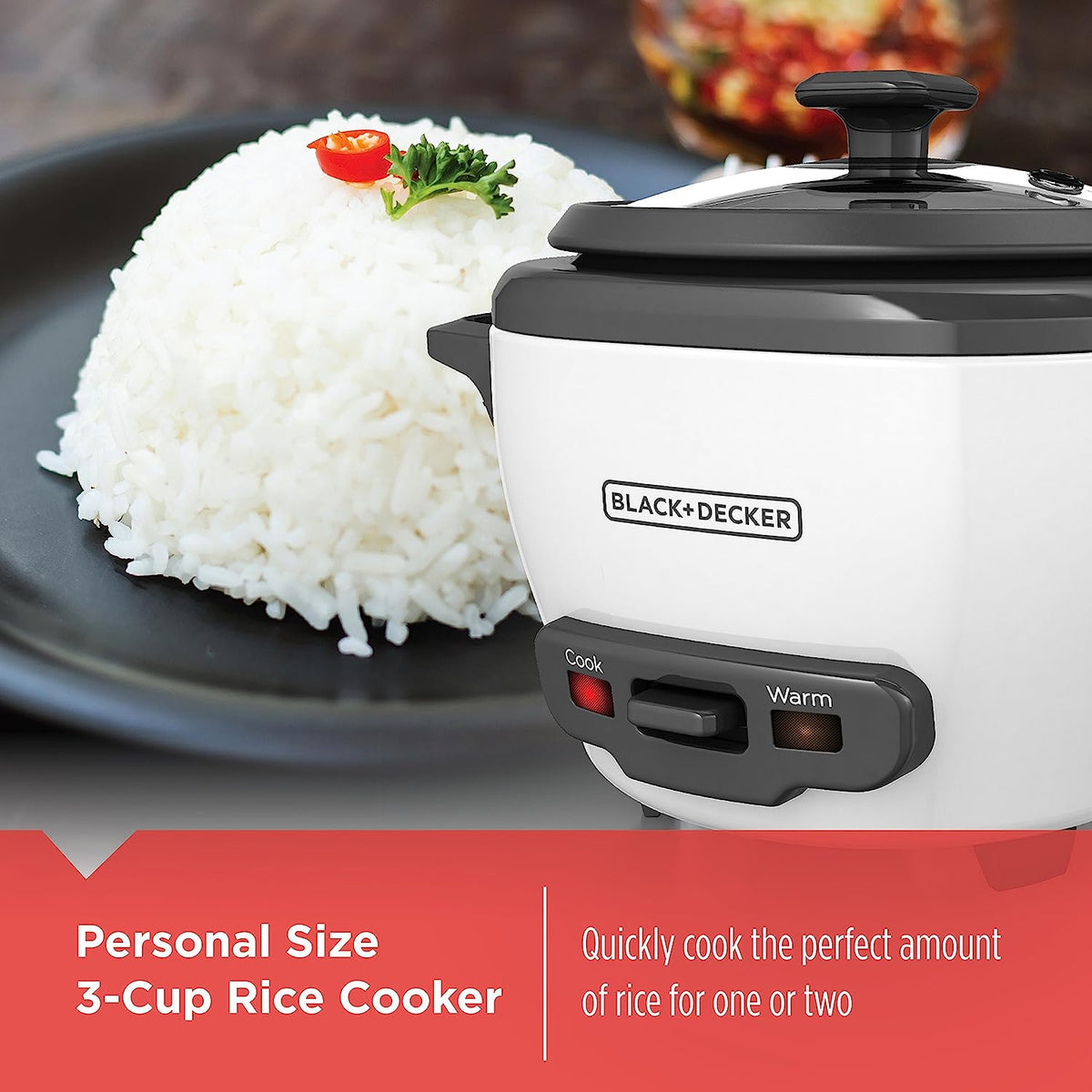 BLACK+DECKER Rice Cooker 3 Cups Cooked (1.5 Cups Uncooked) with Steaming Basket, Removable Non-Stick Bowl, White
