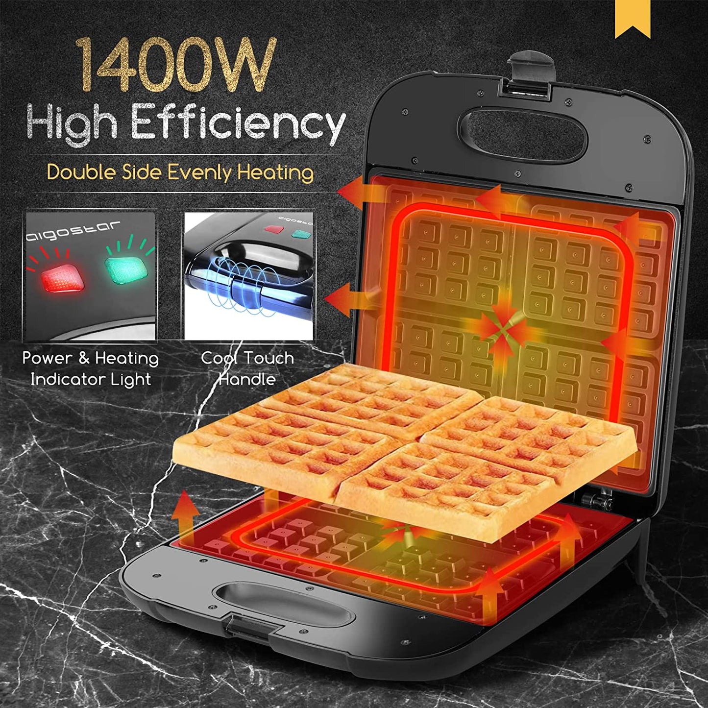 Waffle Maker, 4-Slice Nonstick Waffle Iron, 1400W Square Waffle Machine with Indicator Lights for Hash Browns, Snacks, Breakfast & Lunch, Easy to Clean, PFOA Free, ETL Certificated, Black