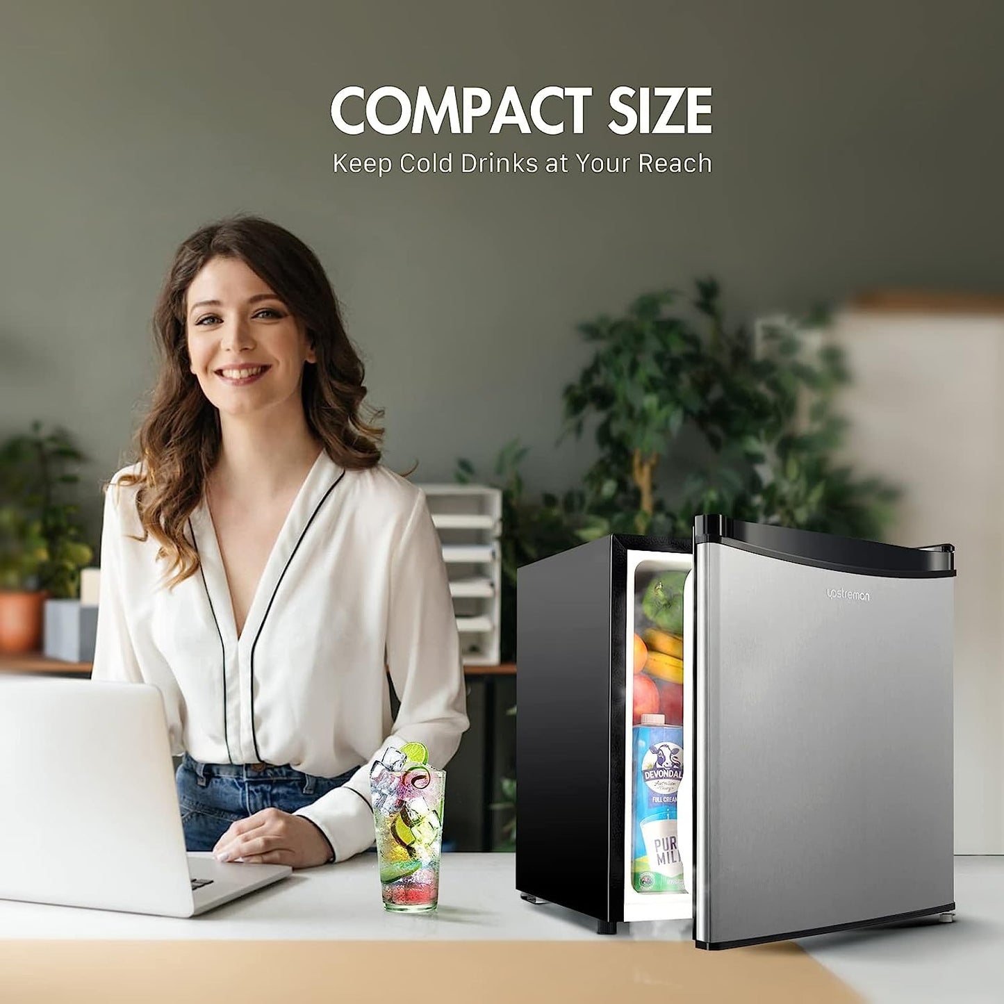 1.7 Cu.Ft Mini Fridge with Freezer, Adjustable Thermostat, Energy Saving, Low Noise, Single Door Compact Refrigerator for Dorm, Office, Bedroom, Stainless- FR17