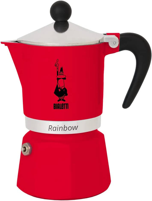 - Rainbow: Stovetop Espresso Maker, Moka Pot 3 Cups (4.3 Oz - 130 Ml), Aluminium, Red