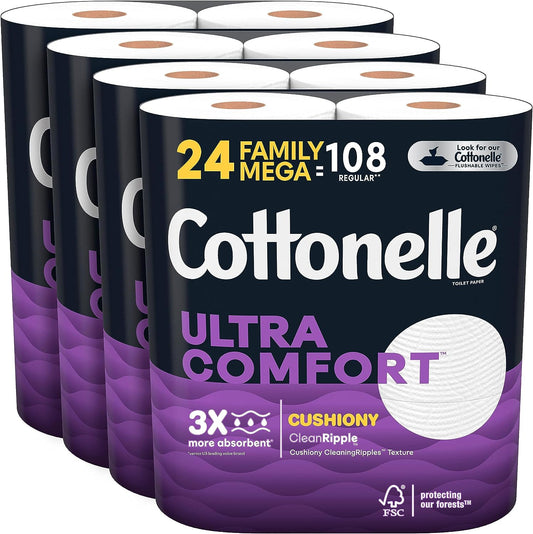 Ultra Comfort Toilet Paper with Cushiony Cleaningripples Texture, 24 Family Mega Rolls (24 Family Mega Rolls = 108 Regular Rolls) (4 Packs of 6), 325 Sheets per Roll, Packaging May Vary