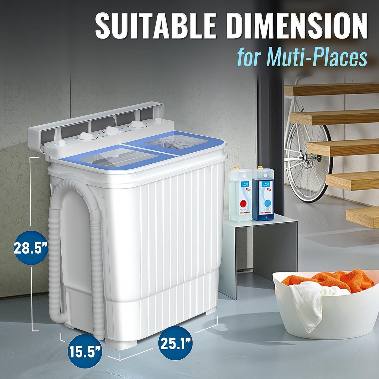 21.6 LBS Portable Washing Machine, 2 in 1 Mini Compact Twin Tub Washer and Spin Dryer with Built-In Gravity Drain Time Control, 9 Lbs Spinner Load Capacity for Home/Apartment/Dorms/Rv(Blue)